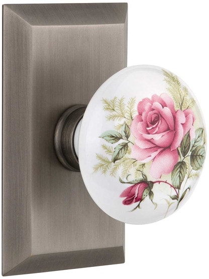New York Rosette Door Set with Rose Porcelain Knobs in Antique Pewter.